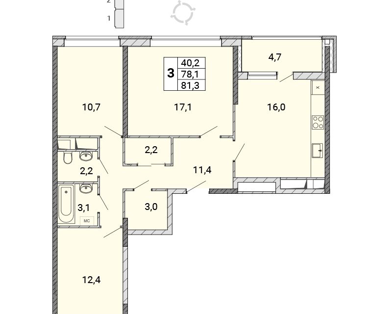 Продаётся 3-комнатная квартира, 81.4 м²