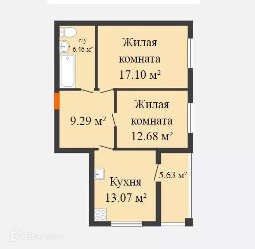 Продаётся 2-комнатная квартира, 61.38 м²