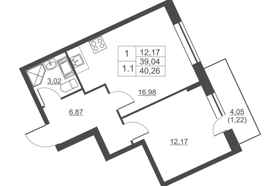 Продаётся 1-комнатная квартира, 39 м²