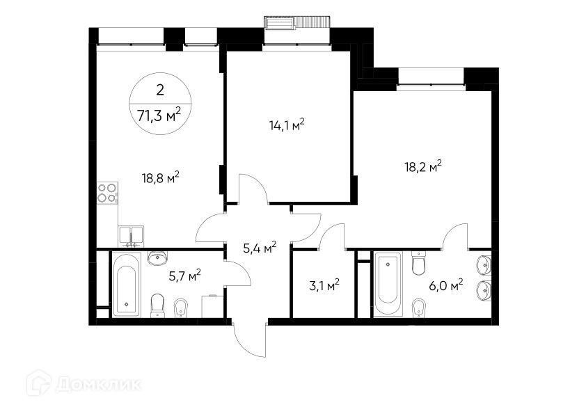 Продаётся 2-комнатная квартира, 71.3 м²