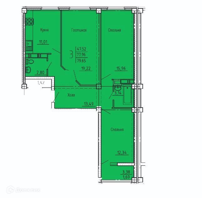 Продаётся 3-комнатная квартира, 79.65 м²