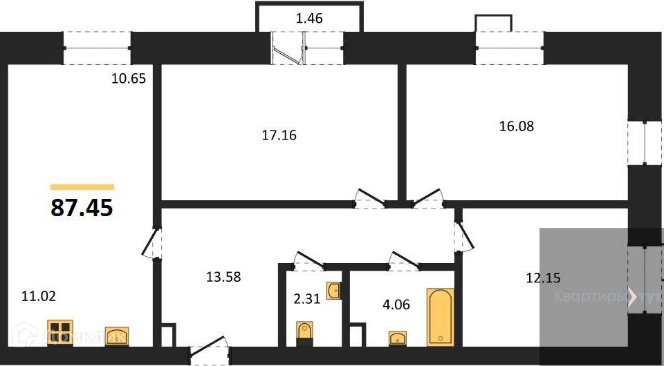 Продаётся 3-комнатная квартира, 87.45 м²