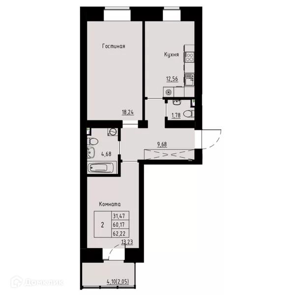 Продаётся 2-комнатная квартира, 61.7 м²