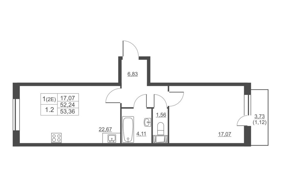 Продаётся 1-комнатная квартира, 51.5 м²