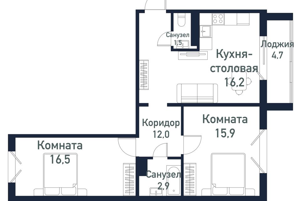 Продаётся 2-комнатная квартира, 65.1 м²