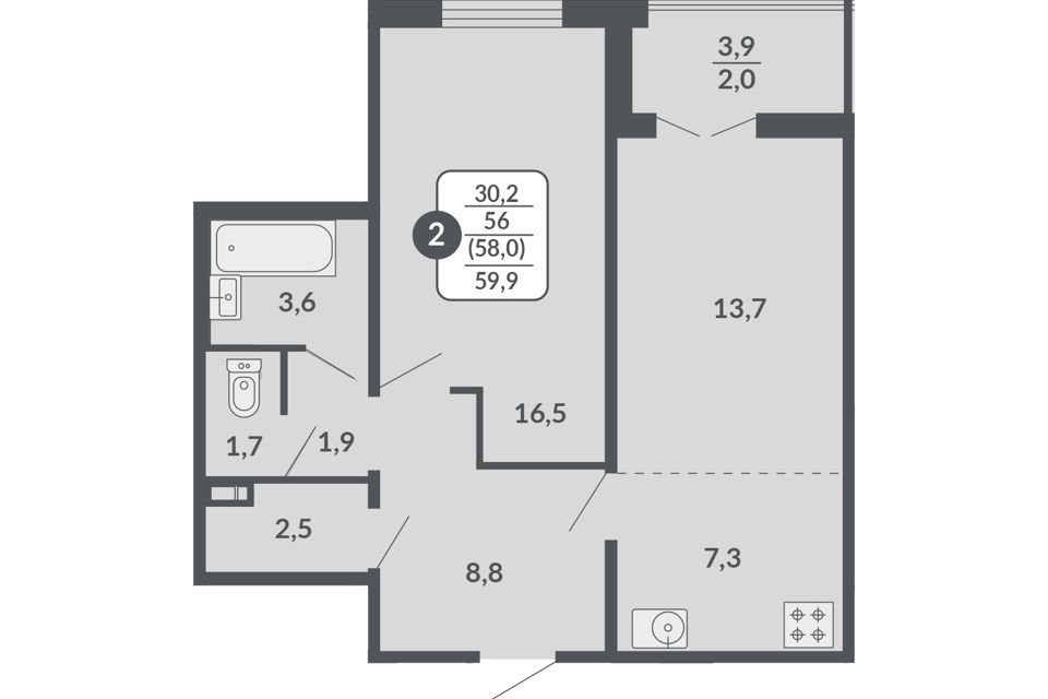 Продаётся 2-комнатная квартира, 58 м²