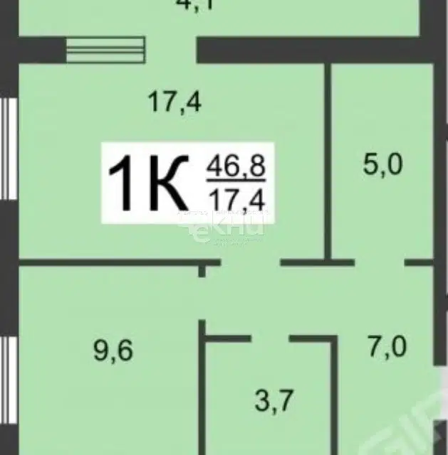 Продаётся 1-комнатная квартира, 42.8 м²