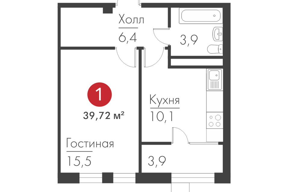 Продаётся 1-комнатная квартира, 39.1 м²