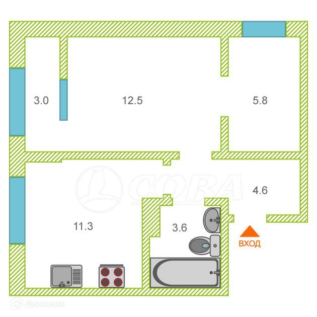 Продаётся 1-комнатная квартира, 39 м²