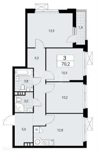 Продаётся 3-комнатная квартира, 70.4 м²