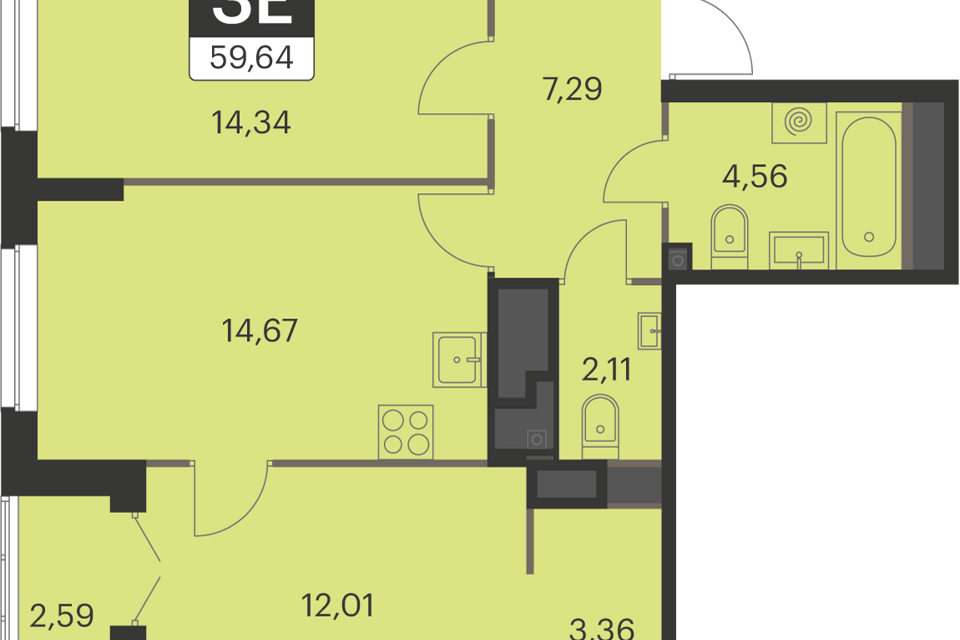 Продаётся 2-комнатная квартира, 59.4 м²