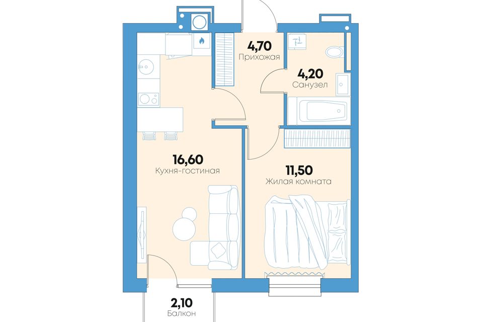 Продаётся 1-комнатная квартира, 39.2 м²