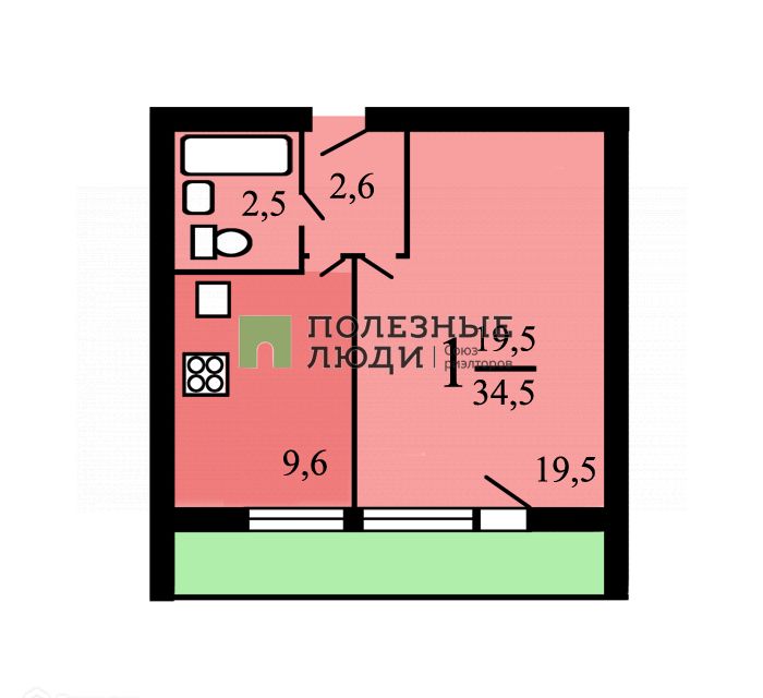 Продаётся 1-комнатная квартира, 34.3 м²