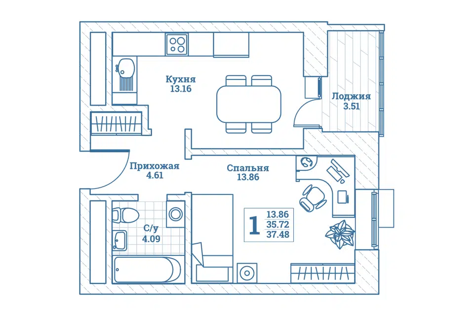 Продаётся 1-комнатная квартира, 37.8 м²