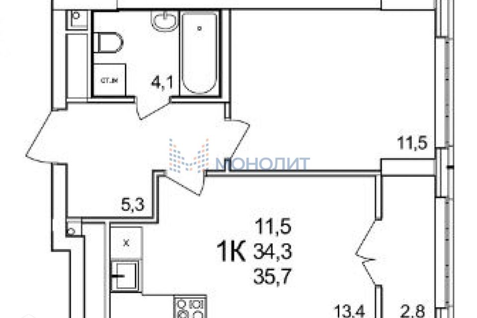 Продаётся 1-комнатная квартира, 35.7 м²