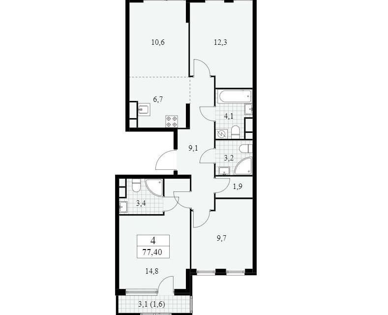 Продаётся 4-комнатная квартира, 77.4 м²