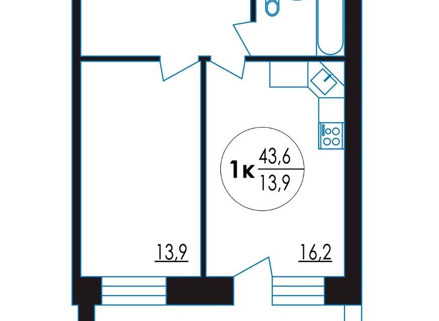 Продаётся 1-комнатная квартира, 43.6 м²