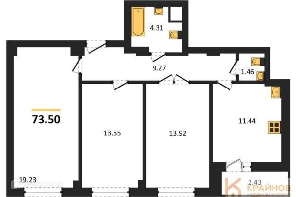 Продаётся 3-комнатная квартира, 73.5 м²