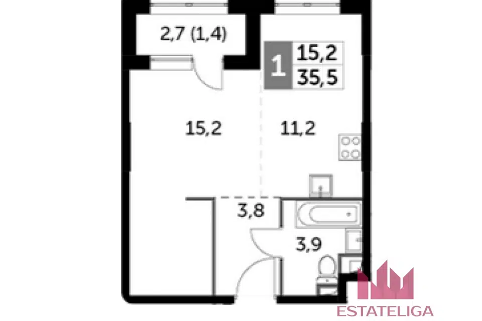 Продаётся 1-комнатная квартира, 35.5 м²