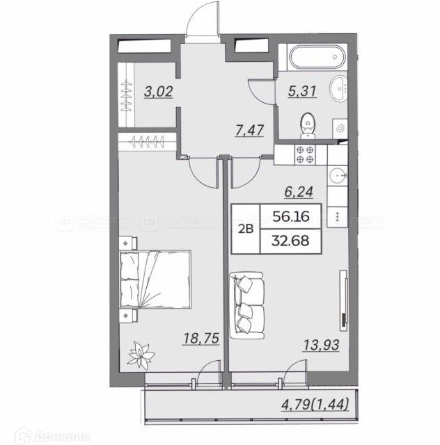 Продаётся 2-комнатная квартира, 56.2 м²