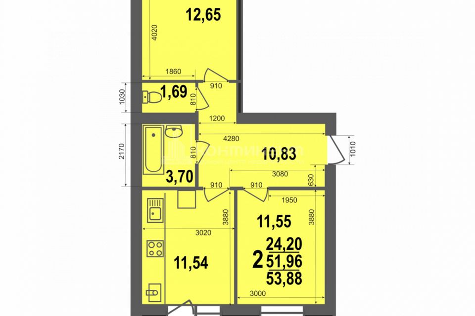 Продаётся 2-комнатная квартира, 53.88 м²