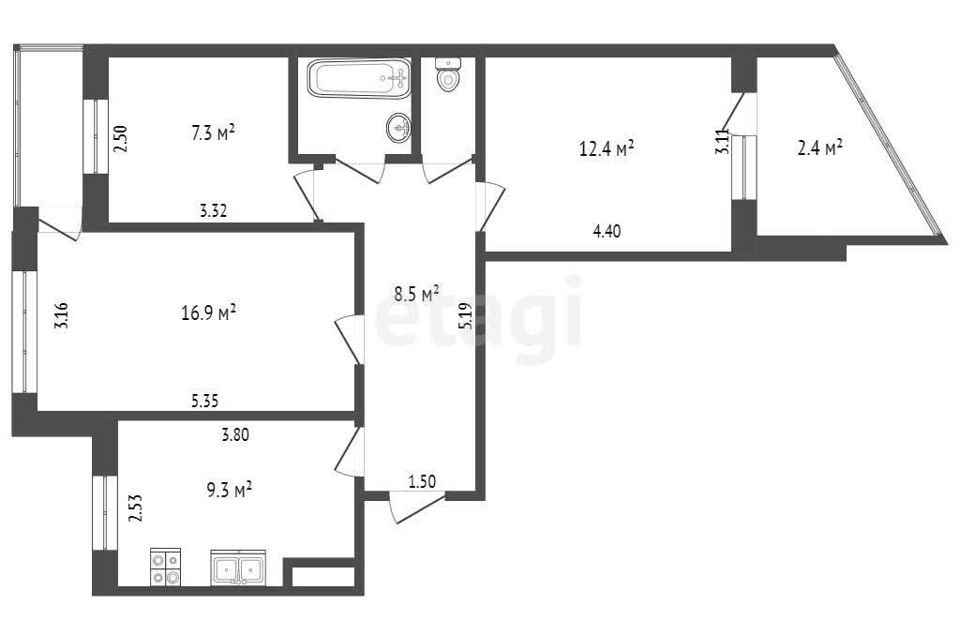 Продаётся 3-комнатная квартира, 61.1 м²