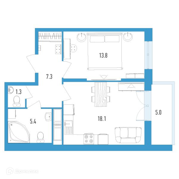 Продаётся 1-комнатная квартира, 47.4 м²