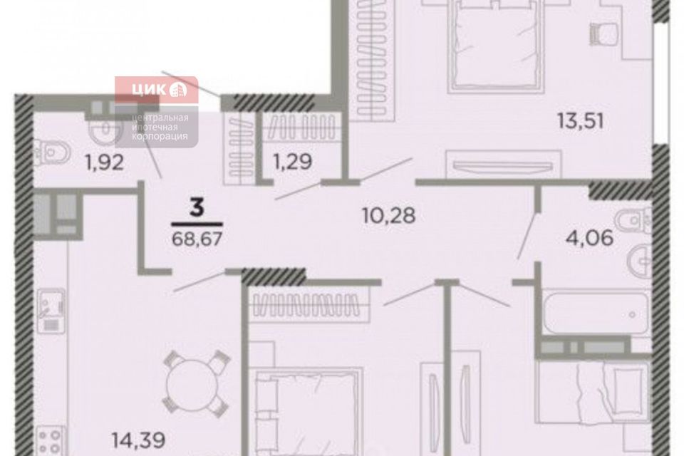 Продаётся 3-комнатная квартира, 69 м²
