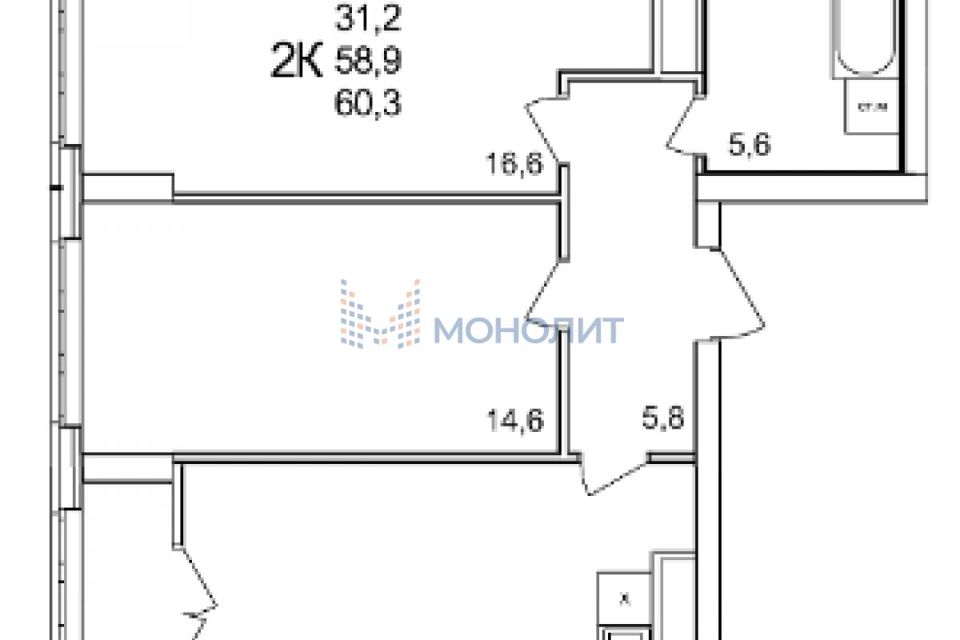 Продаётся 1-комнатная квартира, 60.3 м²