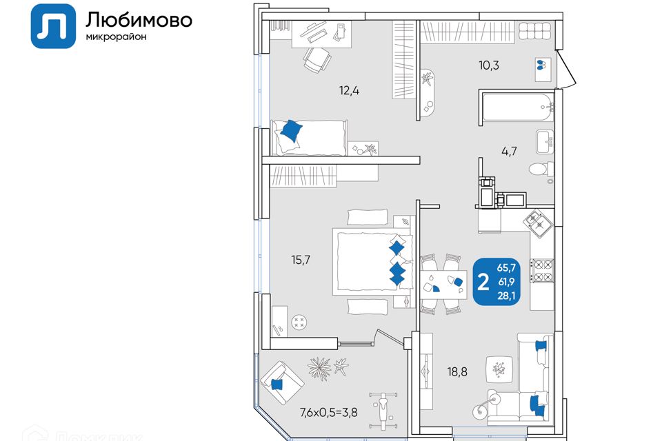 Продаётся 2-комнатная квартира, 65.7 м²