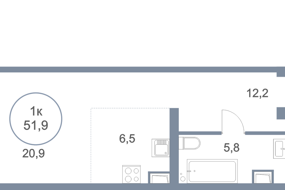 Продаётся 1-комнатная квартира, 51.9 м²