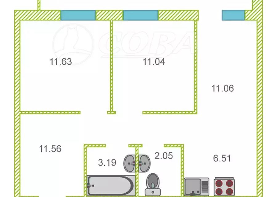 Продаётся 2-комнатная квартира, 59.5 м²