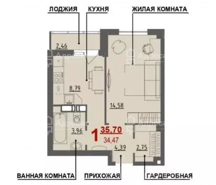 Продаётся 1-комнатная квартира, 37 м²