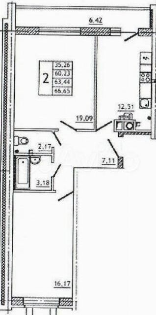 Продаётся 2-комнатная квартира, 66.8 м²