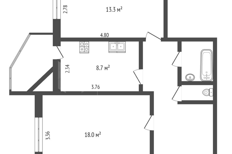 Продаётся 2-комнатная квартира, 54.8 м²