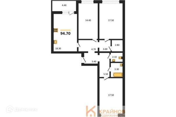 Продаётся 3-комнатная квартира, 94.7 м²
