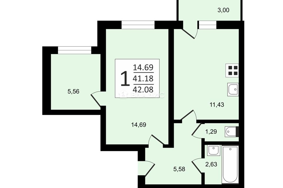 Продаётся 2-комнатная квартира, 42.8 м²