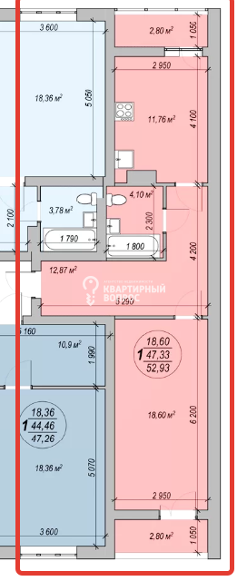 Продаётся 1-комнатная квартира, 53 м²