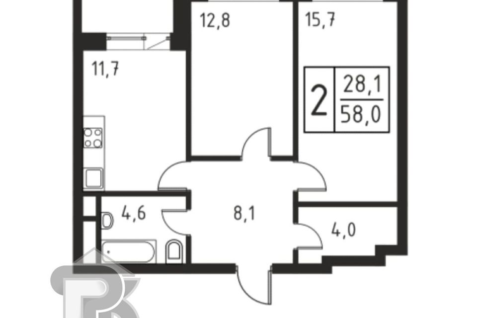 Продаётся 2-комнатная квартира, 58.4 м²
