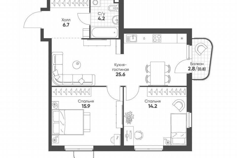 Продаётся 2-комнатная квартира, 67.4 м²