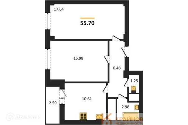 Продаётся 2-комнатная квартира, 55.7 м²