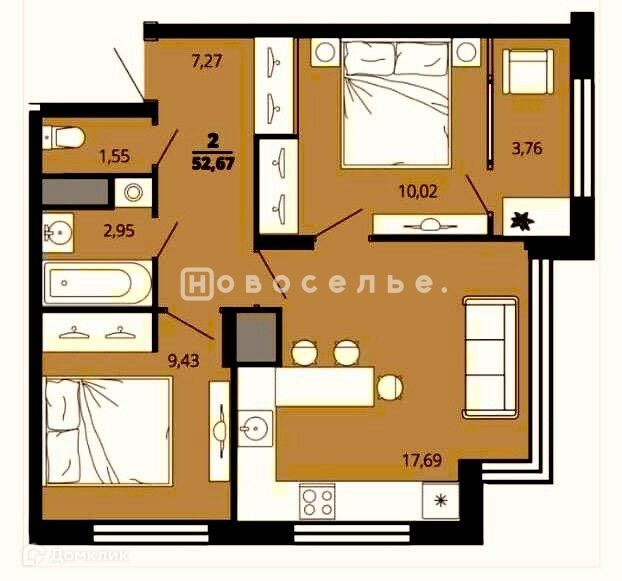 Продаётся 2-комнатная квартира, 53 м²