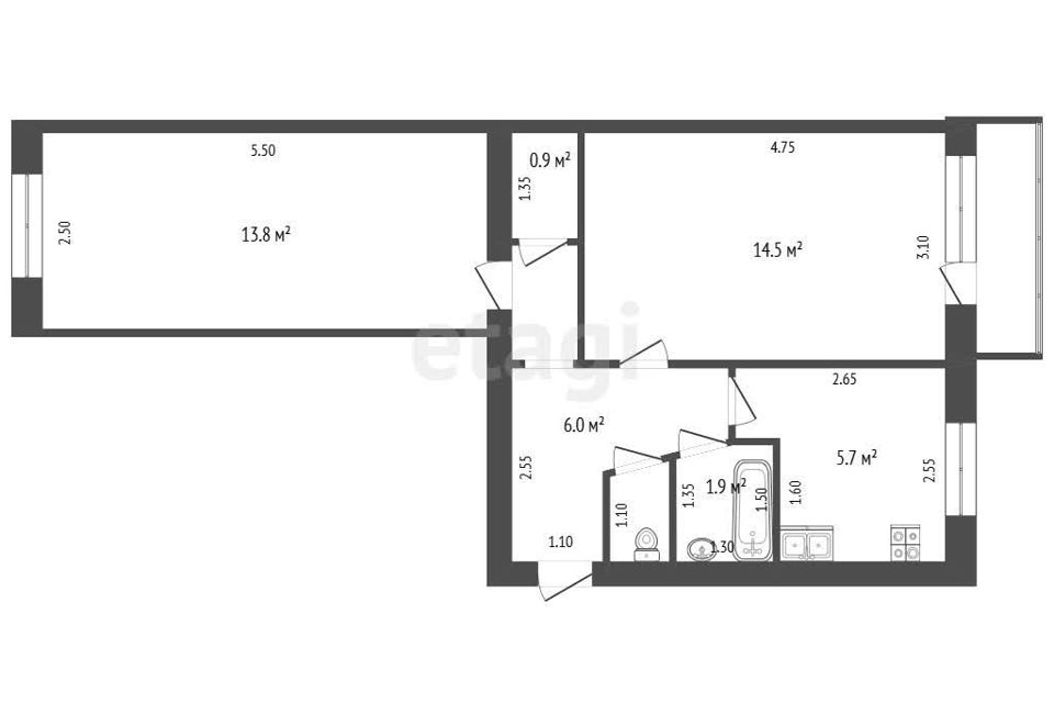 Продаётся 2-комнатная квартира, 43.9 м²