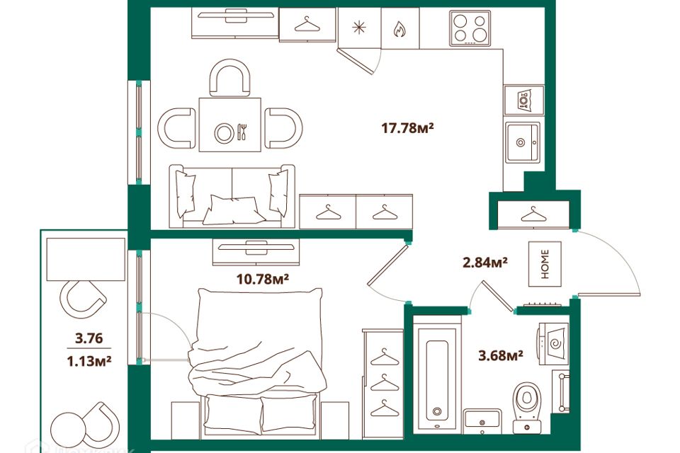Продаётся 1-комнатная квартира, 36.21 м²