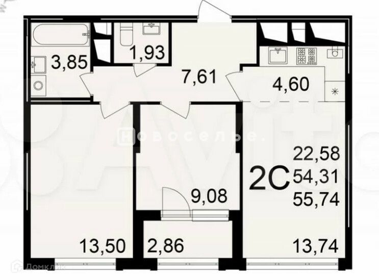 Продаётся 2-комнатная квартира, 57 м²