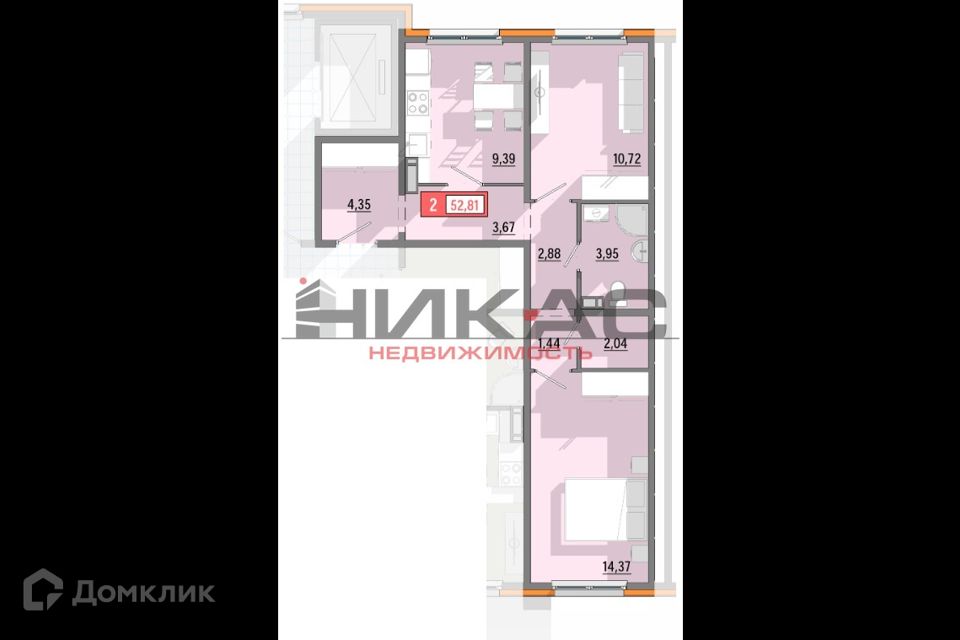 Продаётся 2-комнатная квартира, 52.8 м²