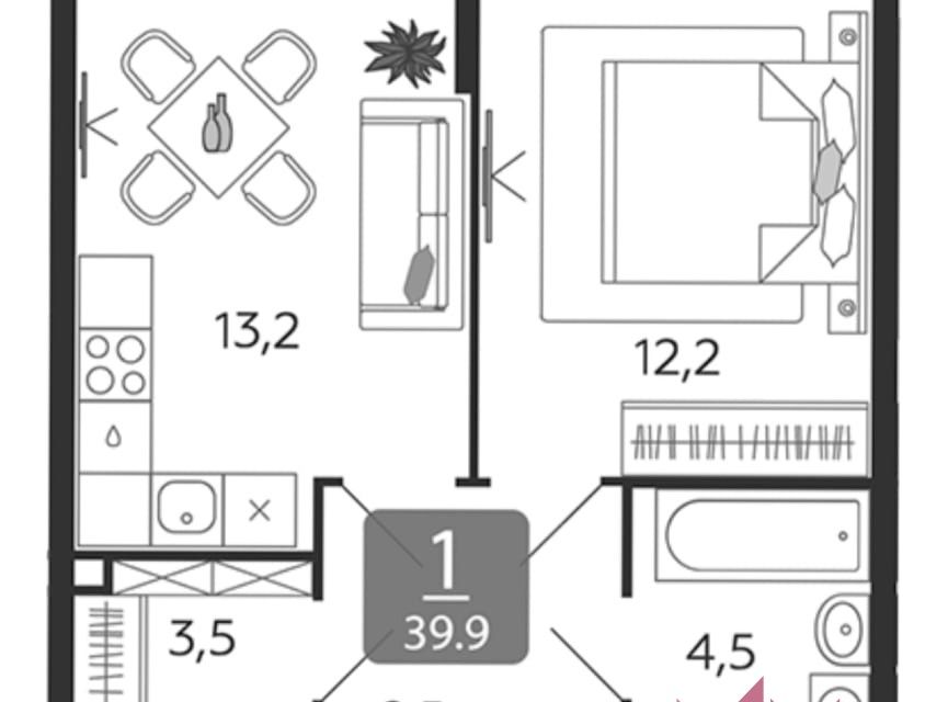 Продаётся 1-комнатная квартира, 39.9 м²