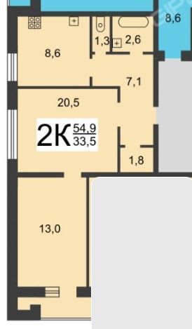 Продаётся 2-комнатная квартира, 55.6 м²