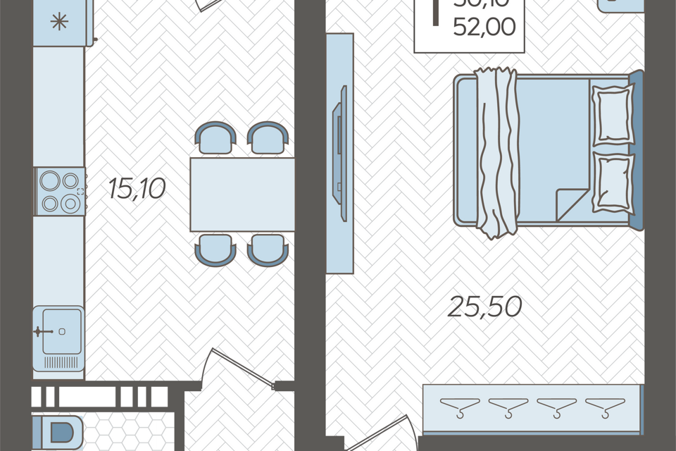 Продаётся 1-комнатная квартира, 52 м²
