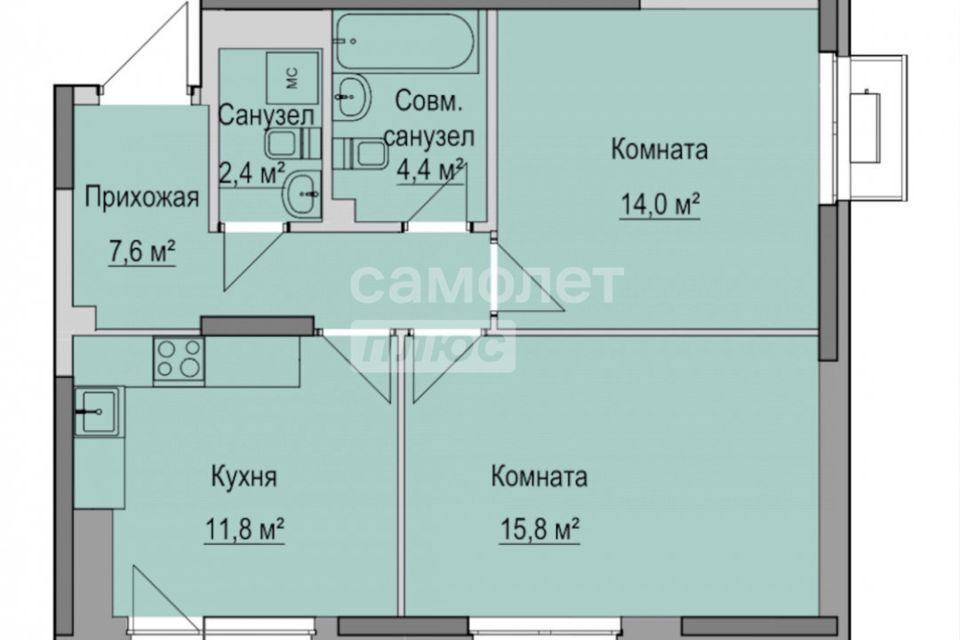 Продаётся 2-комнатная квартира, 57.1 м²